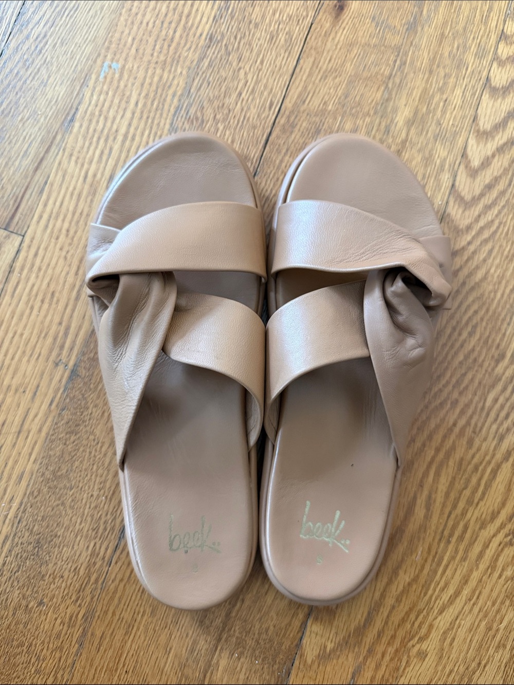Beek Leather Twist Slide Sandals in Tan